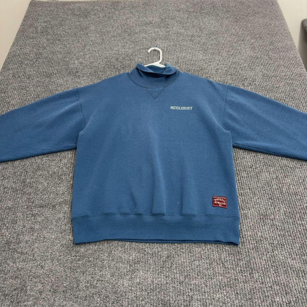Vintage Middlebury Russell Athletic Sweatshirt L Blue Cotton Blend Mock Neck